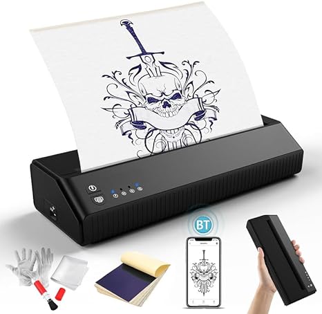 Tattoo Stencil Printer, 2024 Upgrade Bluetooth Thermal Printer Tattoo, Chargeable Tattoo Transfer Printer, Portable Stencil Printer Compatible Android, iOS, PC with 20 Transfer Paper