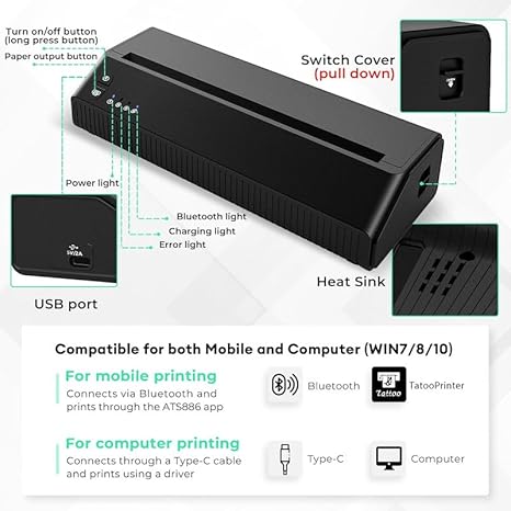 Tattoo Stencil Printer, 2024 Upgrade Bluetooth Thermal Printer Tattoo, Chargeable Tattoo Transfer Printer, Portable Stencil Printer Compatible Android, iOS, PC with 20 Transfer Paper