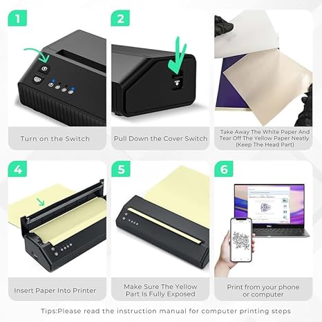 Tattoo Stencil Printer, 2024 Upgrade Bluetooth Thermal Printer Tattoo, Chargeable Tattoo Transfer Printer, Portable Stencil Printer Compatible Android, iOS, PC with 20 Transfer Paper