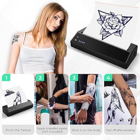 Tattoo Stencil Printer, 2024 Upgrade Bluetooth Thermal Printer Tattoo, Chargeable Tattoo Transfer Printer, Portable Stencil Printer Compatible Android, iOS, PC with 20 Transfer Paper